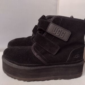 UGG Women Neumel Double Strap Logo Black Platform Suede Boots Size 10